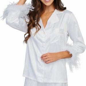 Feather Bridal Pajamas - Satin Silk Shorts and Long Sleeve Feather Trim